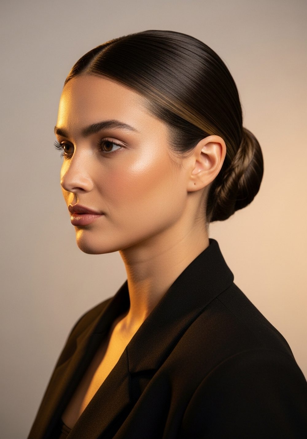 Glass-Sleek Center Part Low Bun