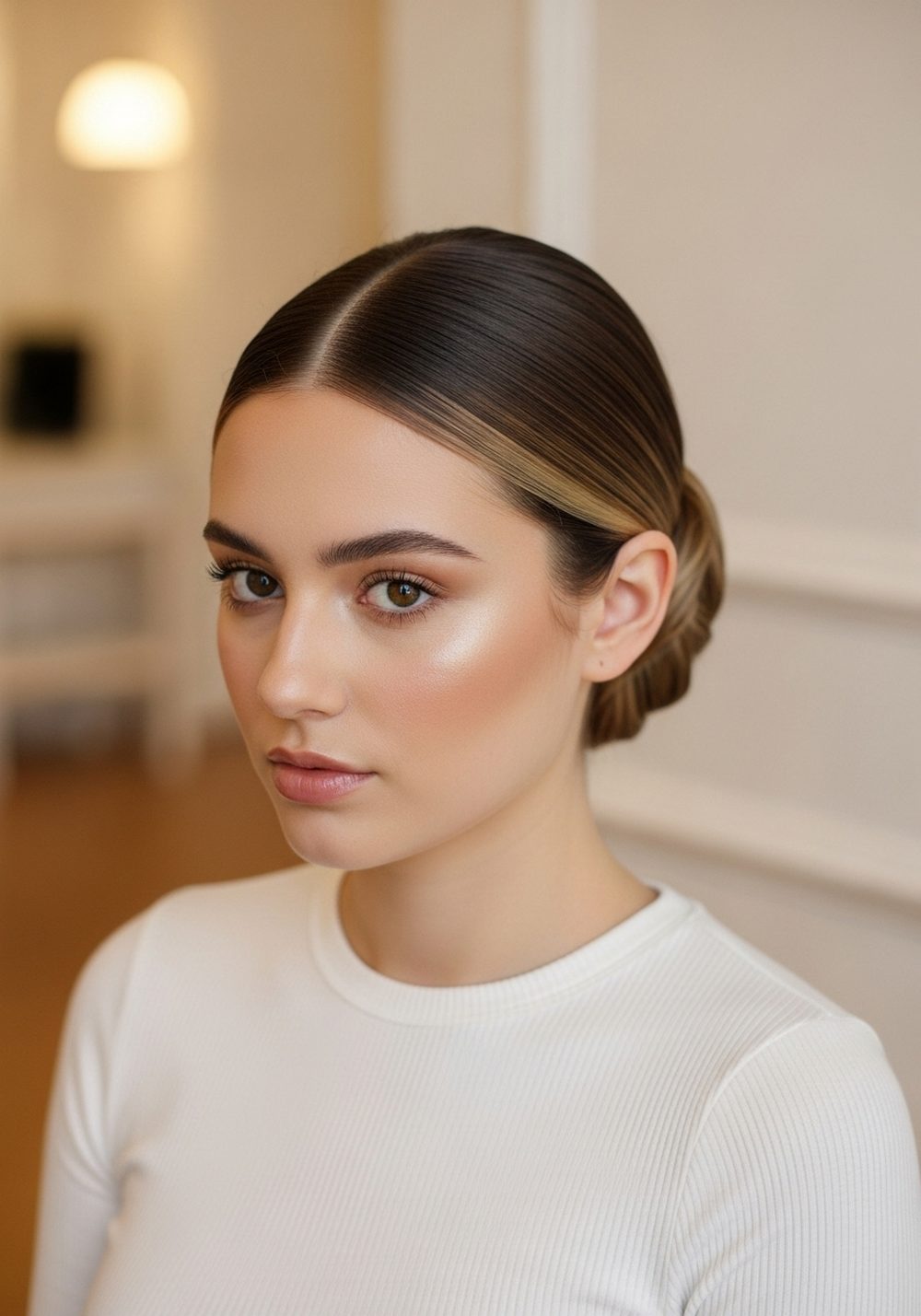 Glass-Sleek Middle-Part Low Bun